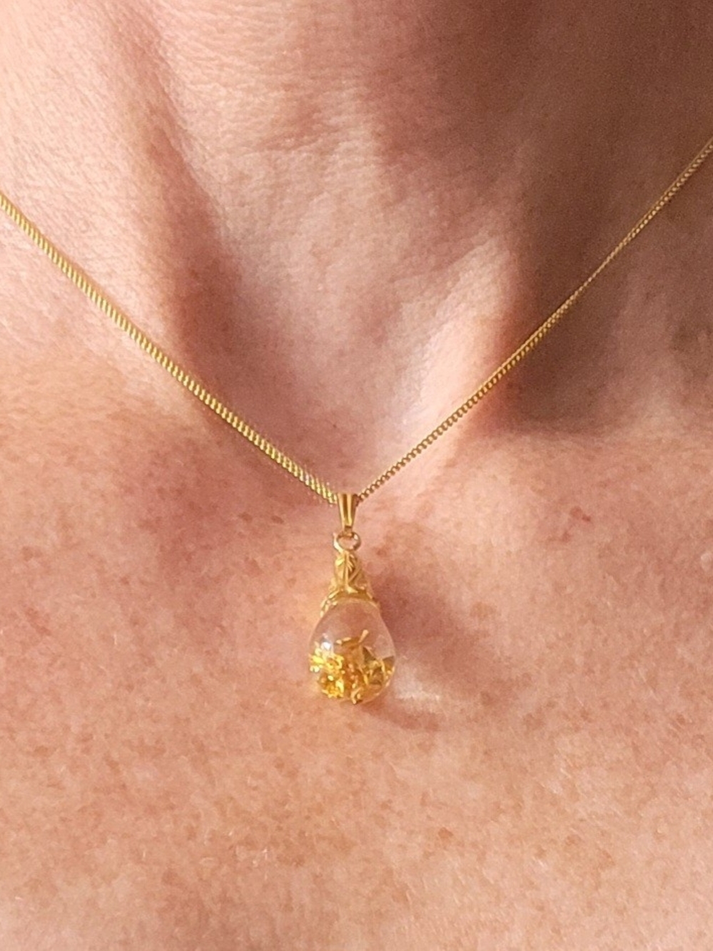 Gold Drop Pendant Necklace with Clear Teardrop and Gold Flake Accent
